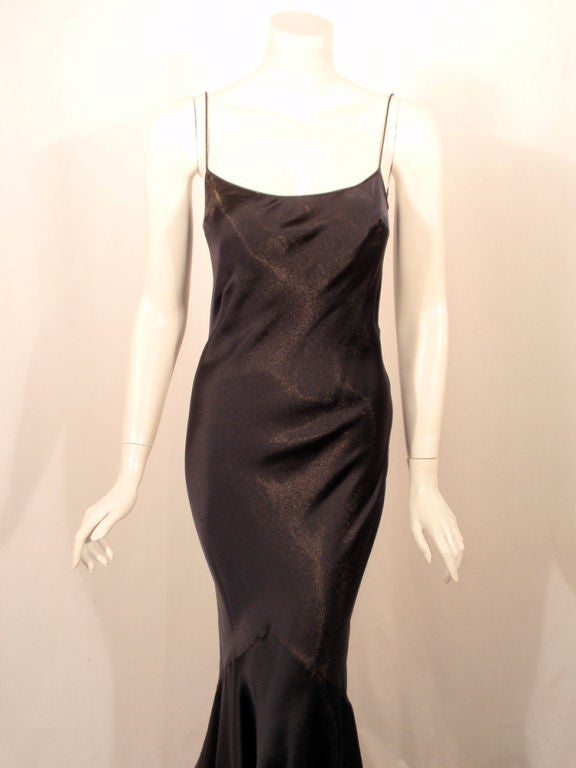 John Galliano Navy Blue, Gold Satin Bias Cut Gown  w/ Train 2