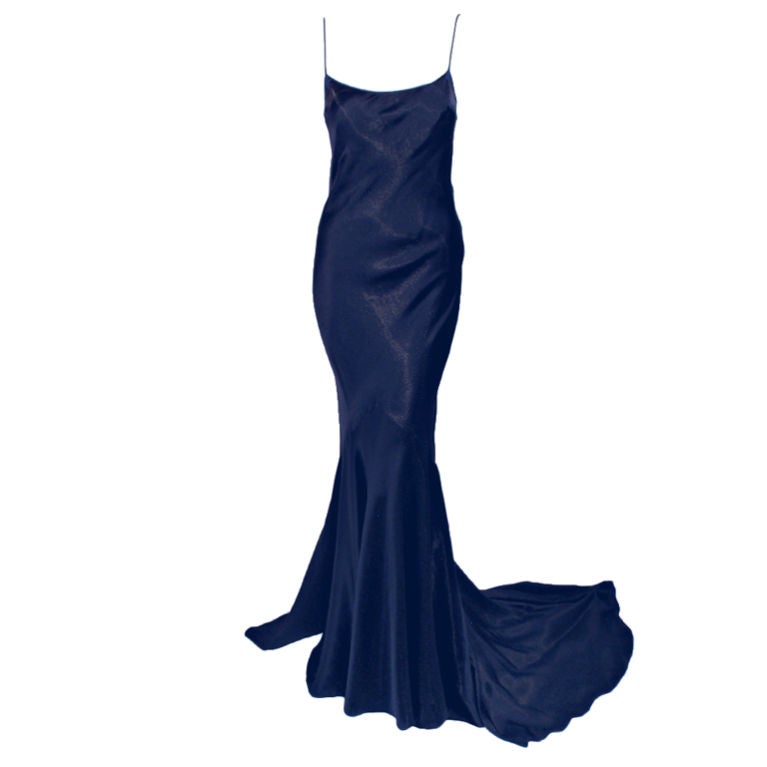 John Galliano Navy Blue, Gold Satin Bias Cut Gown  w/ Train