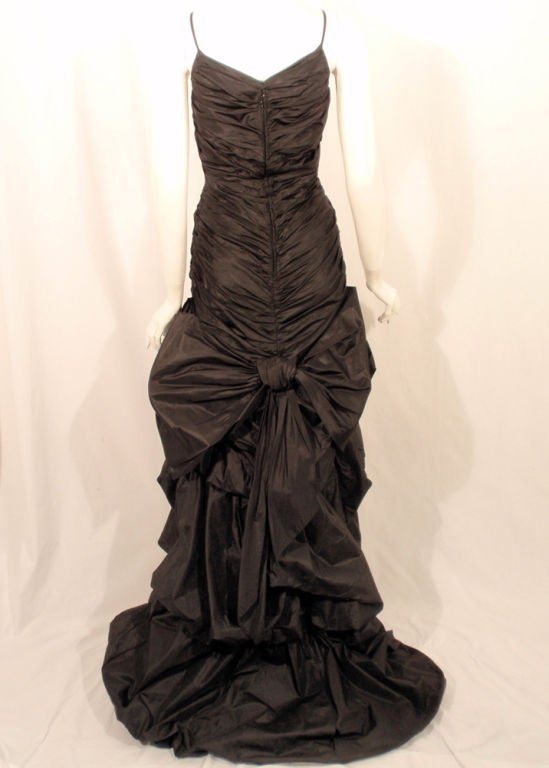 Custom Black Taffeta Ruched Long Gown w/ Train, c. 1980's In Excellent Condition For Sale In Los Angeles, CA