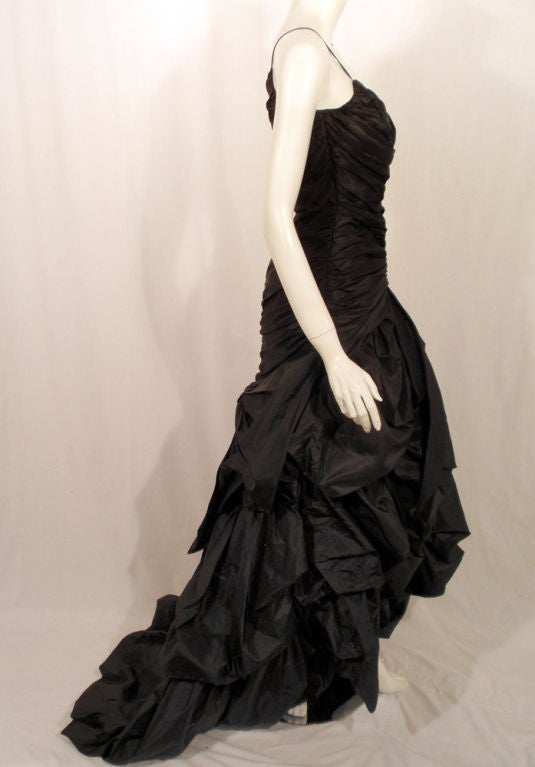 Women's Custom Black Taffeta Ruched Long Gown w/ Train, c. 1980's For Sale
