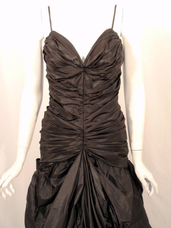 Custom Black Taffeta Ruched Long Gown w/ Train, c. 1980's For Sale 1