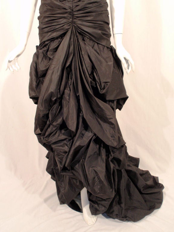 Custom Black Taffeta Ruched Long Gown w/ Train, c. 1980's For Sale 2