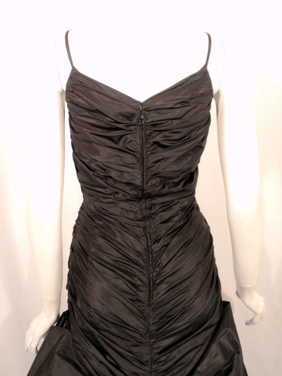 Custom Black Taffeta Ruched Long Gown w/ Train, c. 1980's For Sale 3