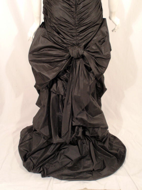 Custom Black Taffeta Ruched Long Gown w/ Train, c. 1980's For Sale 4