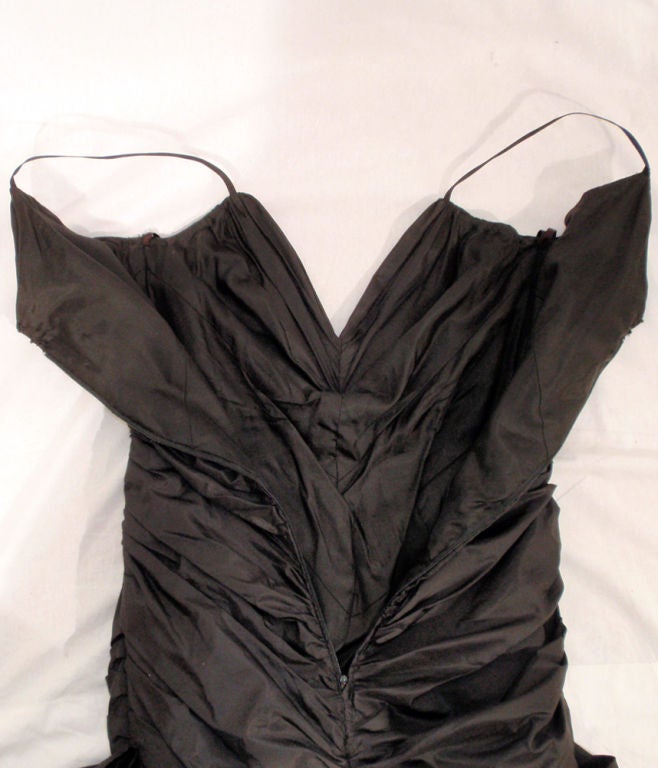 Custom Black Taffeta Ruched Long Gown w/ Train, c. 1980's For Sale 5