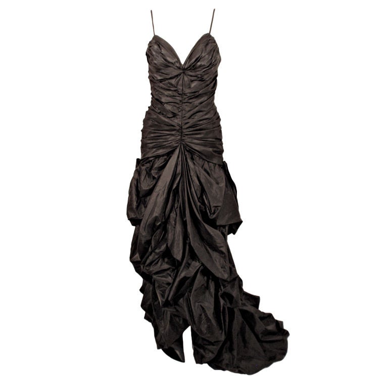 Custom Black Taffeta Ruched Long Gown w/ Train, c. 1980's For Sale