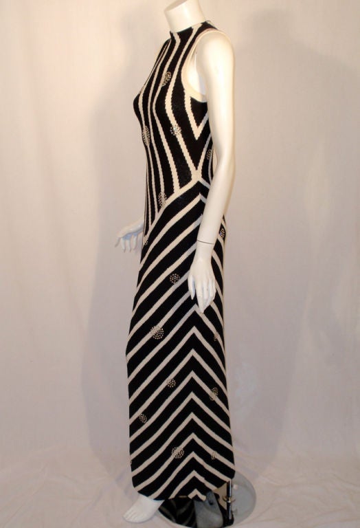 Adolfo Black & White Stripe Long Knit Gown w/ Rhinestone Circles 1
