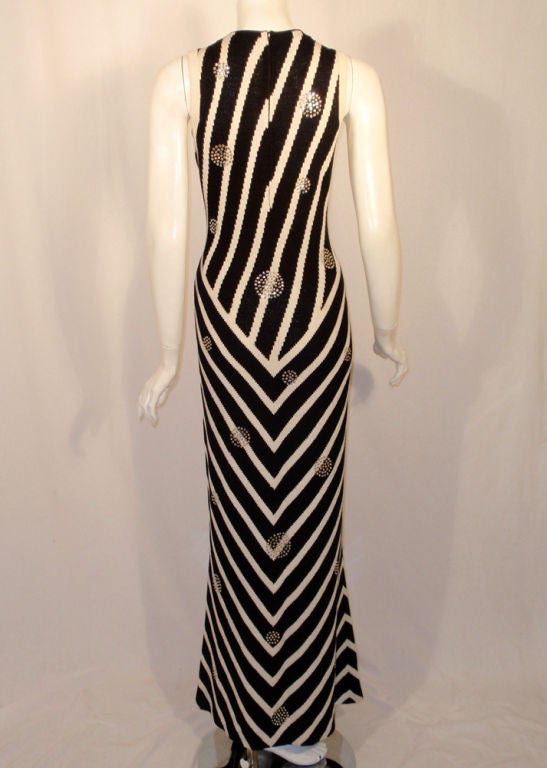 Adolfo Black & White Stripe Long Knit Gown w/ Rhinestone Circles 2
