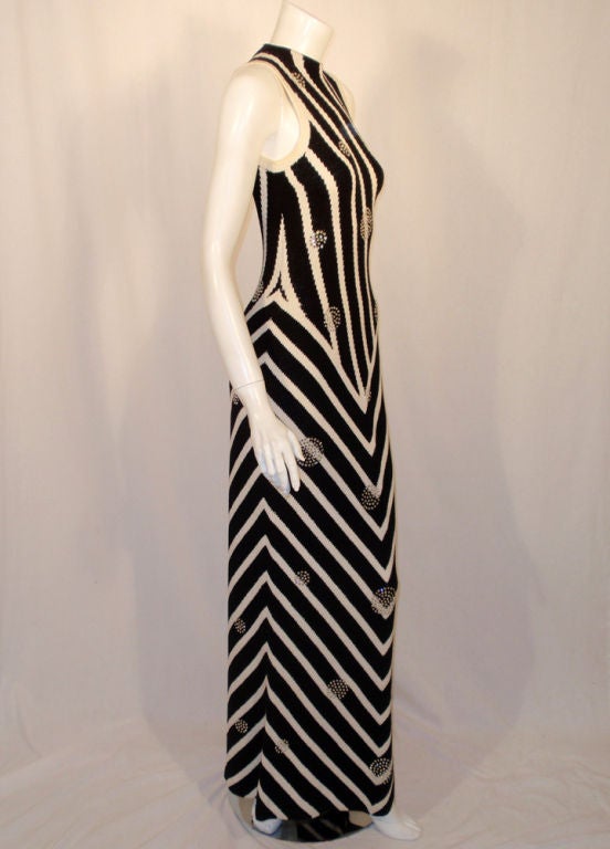 Adolfo Black & White Stripe Long Knit Gown w/ Rhinestone Circles 3