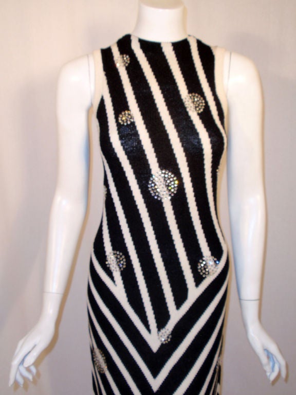 Adolfo Black & White Stripe Long Knit Gown w/ Rhinestone Circles 4
