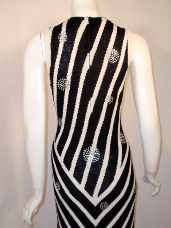 Adolfo Black & White Stripe Long Knit Gown w/ Rhinestone Circles 5