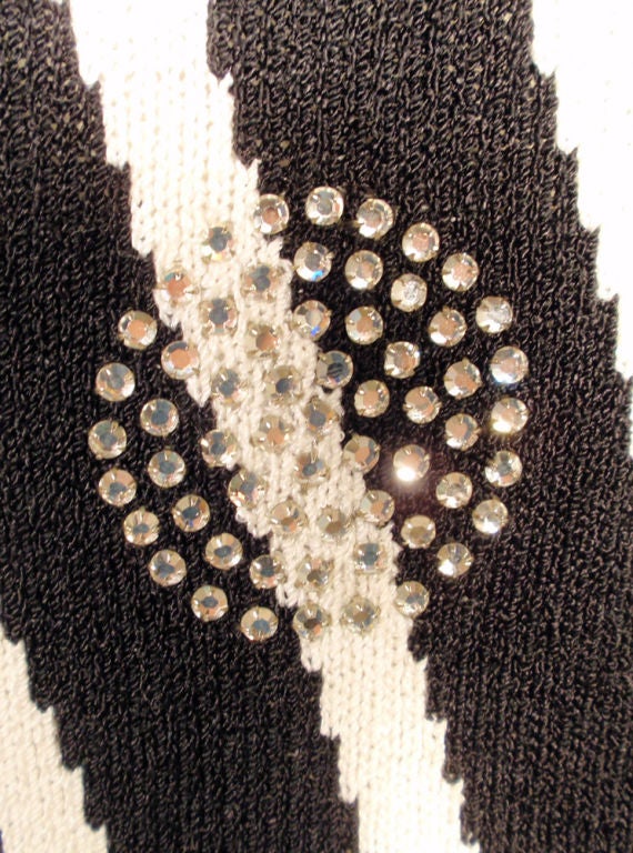 Adolfo Black & White Stripe Long Knit Gown w/ Rhinestone Circles 6