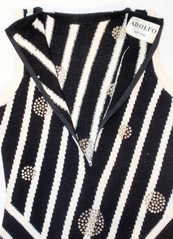 Adolfo Black & White Stripe Long Knit Gown w/ Rhinestone Circles 7