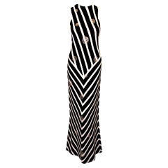 Adolfo Black & White Stripe Long Knit Gown w/ Rhinestone Circles
