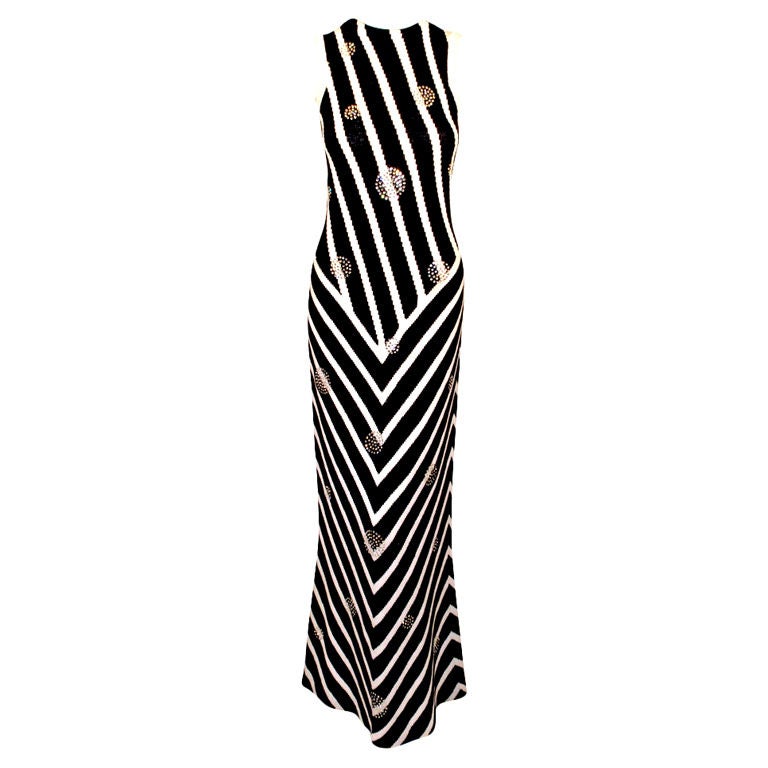 Adolfo Black & White Stripe Long Knit Gown w/ Rhinestone Circles