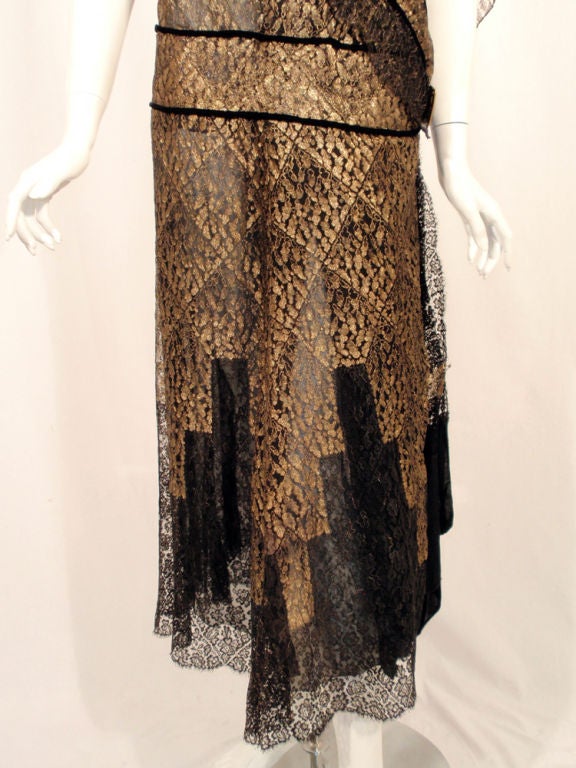 Vintage Black and Gold Lace Evening Gown w/ Gold Buckles, 1920s 2