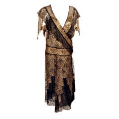 Vintage Black and Gold Lace Evening Gown w/ Gold Buckles, 1920s