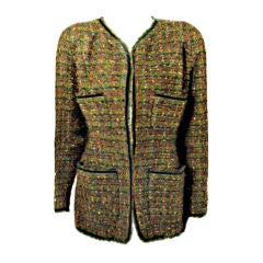 Chanel Green Boucle Wool Jacket with Velvet Trim & Gold Logo Buttons