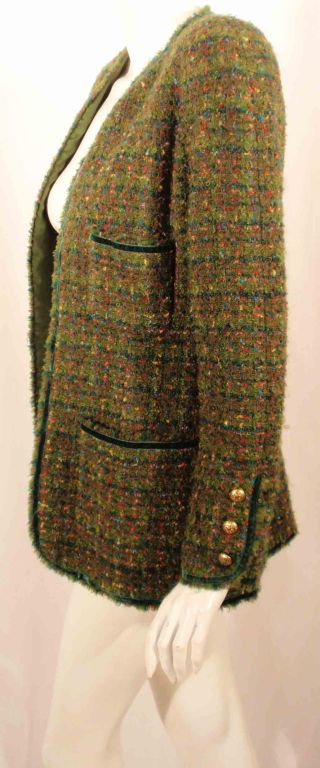 Women's Chanel Green Boucle Wool Jacket with Velvet Trim & Gold Logo Buttons