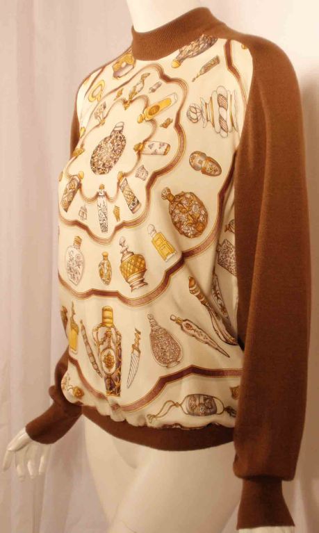 Beige 1980's Hermes Brown Cashmere Sweater with Silk Twill Perfume Print Size 42