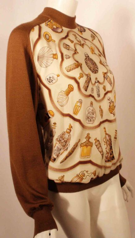 1980's Hermes Brown Cashmere Sweater with Silk Twill Perfume Print Size 42 In Excellent Condition In Los Angeles, CA