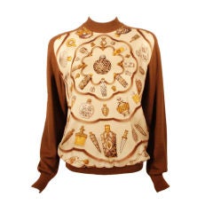 Vintage 1980's Hermes Brown Cashmere Sweater with Silk Twill Perfume Print Size 42