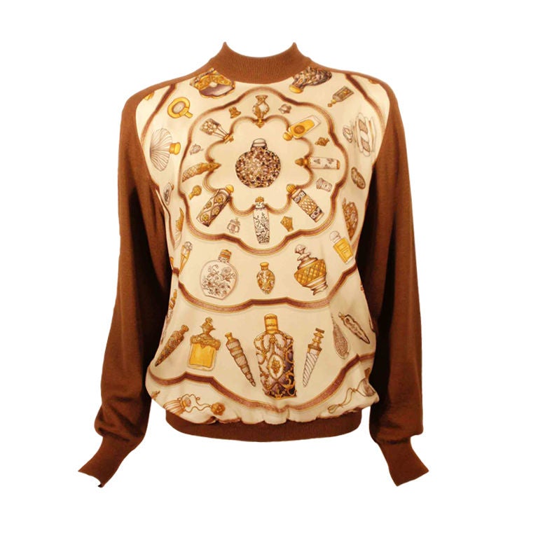 1980's Hermes Brown Cashmere Sweater with Silk Twill Perfume Print Size 42