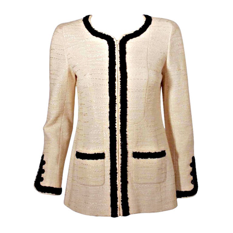 Chanel Women´s Jacket Cream With Black Trim Buttons With Gold Flowers at  1stDibs