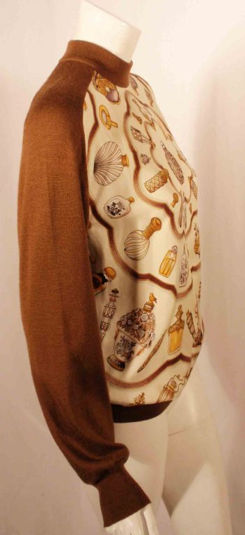 1980's Hermes Brown Cashmere Sweater with Silk Twill Perfume Print Size 42 2