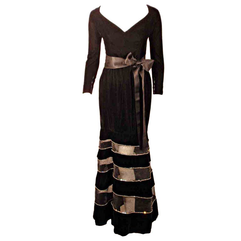 Givenchy Black Velvet Gown with Horsehair Rhinestone Trim Sheer Sections For Sale