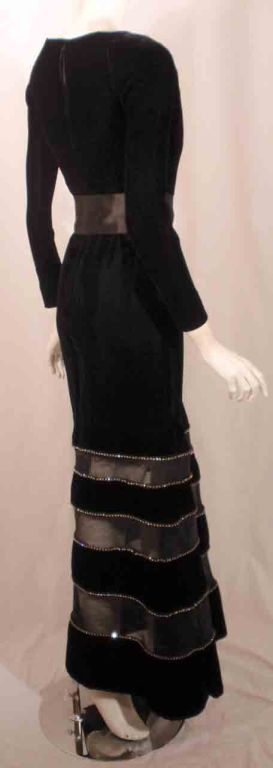 Givenchy Black Velvet Gown with Horsehair Rhinestone Trim Sheer Sections In Excellent Condition For Sale In Los Angeles, CA