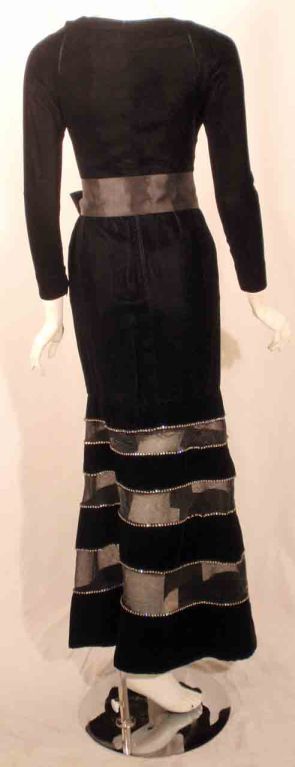 Women's Givenchy Black Velvet Gown with Horsehair Rhinestone Trim Sheer Sections For Sale