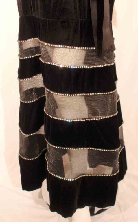 Givenchy Black Velvet Gown with Horsehair Rhinestone Trim Sheer Sections For Sale 2