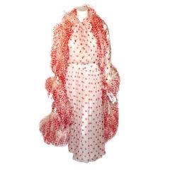 Chanel White w/ Red Polka Dot Chiffon Dress w/ Feather Wrap