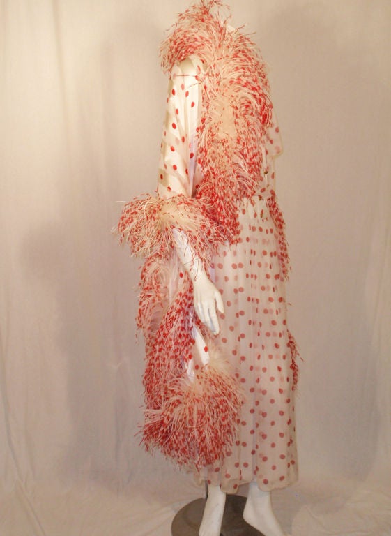 Chanel White w/ Red Polka Dot Chiffon Dress w/ Feather Wrap 5