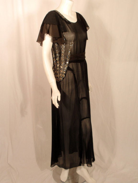 Vintage Black Chiffon Bias Cut Evening Dress w/ Beading, c.1920s In Good Condition In Los Angeles, CA