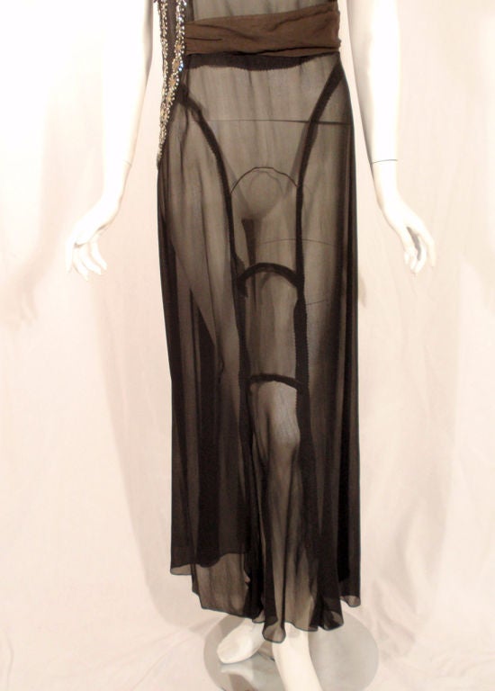 Vintage Black Chiffon Bias Cut Evening Dress w/ Beading, c.1920s 1