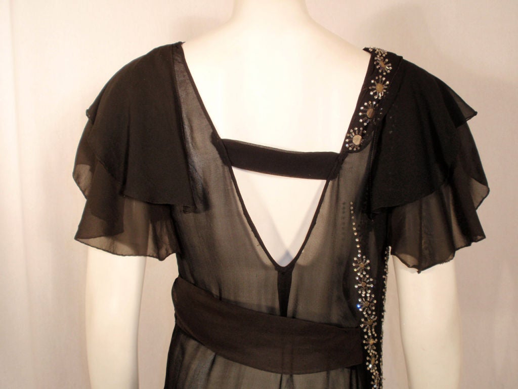 Vintage Black Chiffon Bias Cut Evening Dress w/ Beading, c.1920s 2