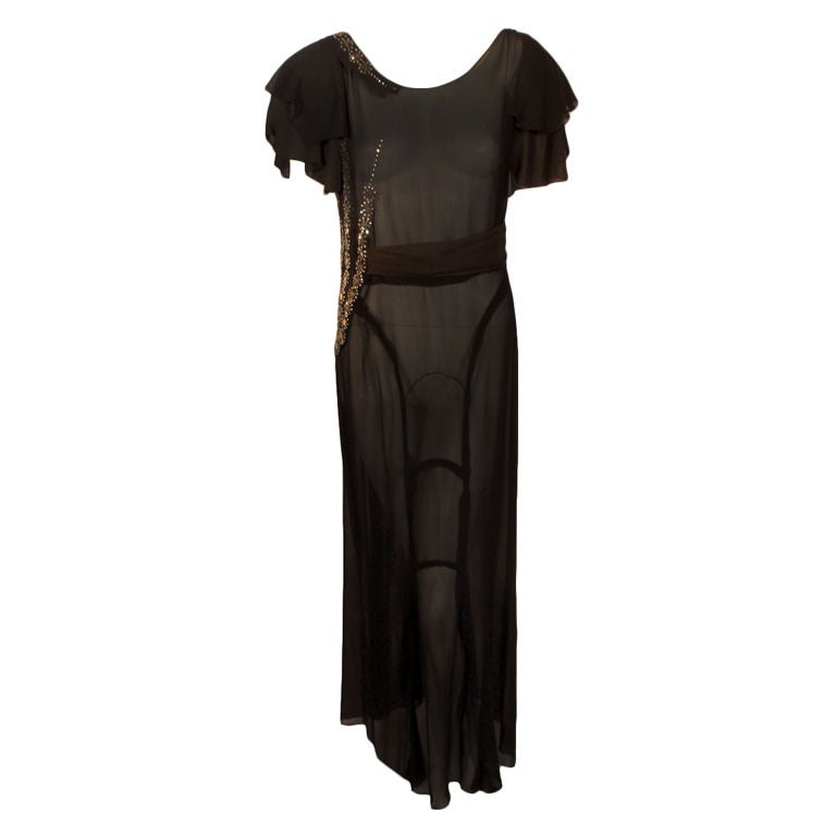 Vintage Black Chiffon Bias Cut Evening Dress w/ Beading, c.1920s