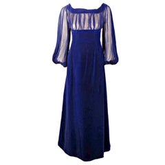 Vintage GIVENCHY Couture Blue Velvet Off Shoulder Gown with Sheer Chiffon Poet Sleeves 