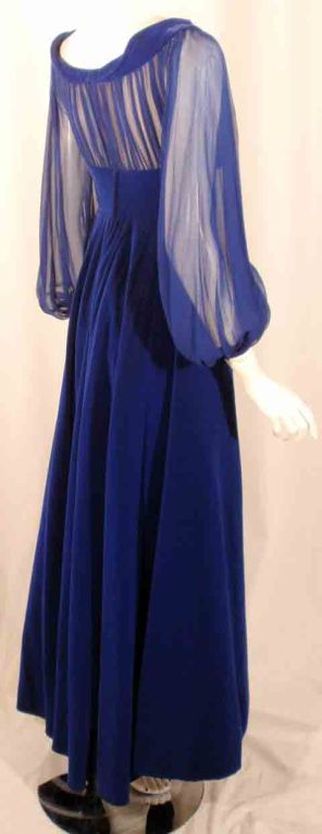 Purple GIVENCHY Couture Blue Velvet Off Shoulder Gown with Sheer Chiffon Poet Sleeves  For Sale