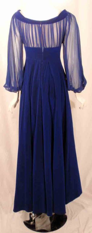 GIVENCHY Couture Blue Velvet Off Shoulder Gown with Sheer Chiffon Poet Sleeves  In Excellent Condition For Sale In Los Angeles, CA