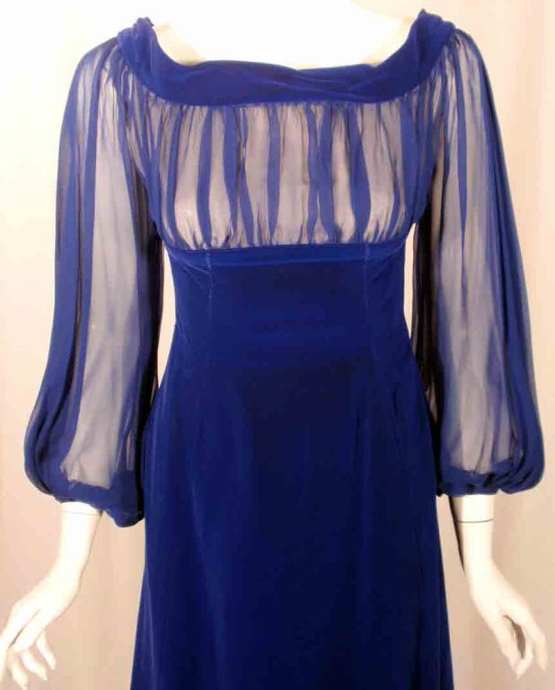 Women's GIVENCHY Couture Blue Velvet Off Shoulder Gown with Sheer Chiffon Poet Sleeves  For Sale