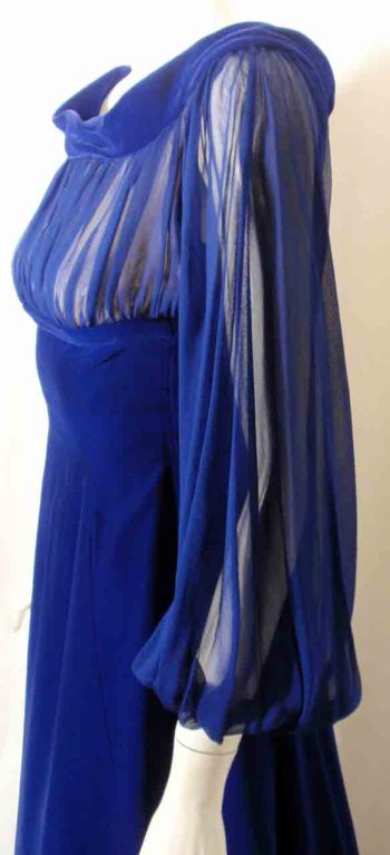GIVENCHY Couture Blue Velvet Off Shoulder Gown with Sheer Chiffon Poet Sleeves  For Sale 1