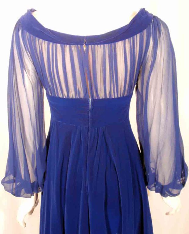 GIVENCHY Couture Blue Velvet Off Shoulder Gown with Sheer Chiffon Poet Sleeves  For Sale 2