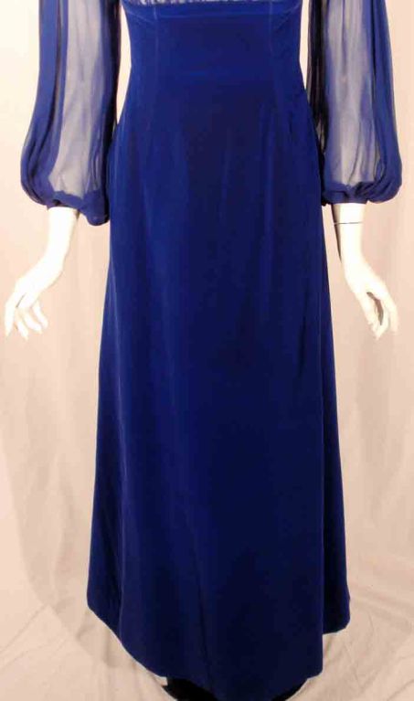 GIVENCHY Couture Blue Velvet Off Shoulder Gown with Sheer Chiffon Poet Sleeves  For Sale 3