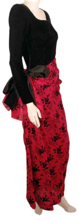 GIVENCHY COUTURE Black Velvet Long Sleeve with drape Pink Gown, Circa 1980's 4  In Excellent Condition For Sale In Los Angeles, CA