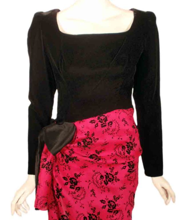 GIVENCHY COUTURE Black Velvet Long Sleeve with drape Pink Gown, Circa 1980's 4 For Sale 3