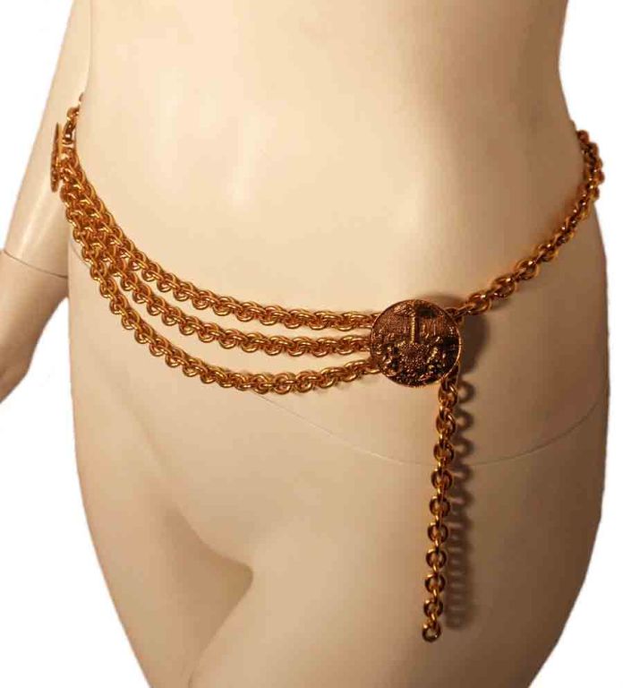 Women's Chanel Gold Logo Coin with 3 Chains Link Belt, Circa 1990's