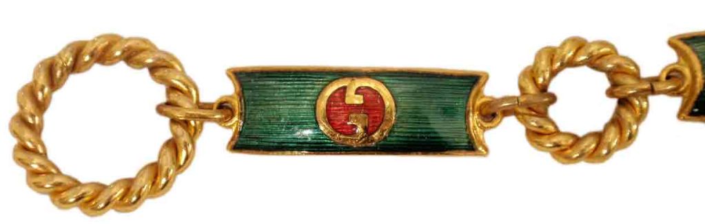 Gold 1970's Gucci Green, Red, Green, and gold Logo Chain Belt with Toggle closure